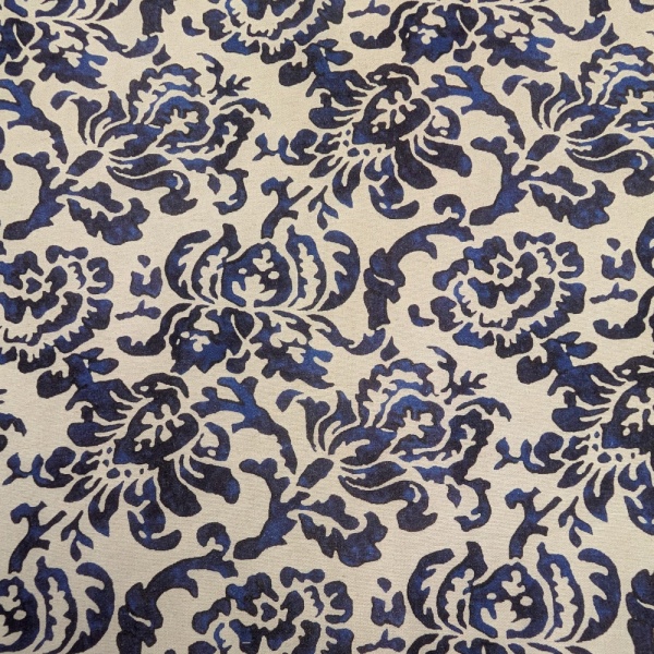 Digital Natural Linen Blue Damask